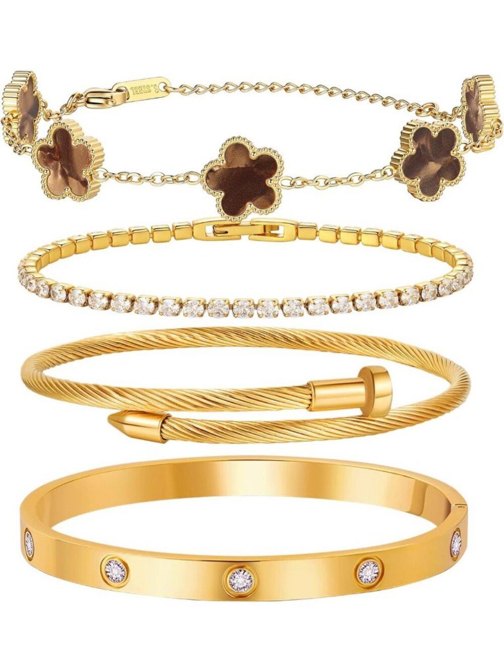 Set of 4 Adjustable Gold Plated Love Bangles - Floral Clover & Crystal Stackable